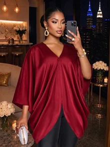 SOLERSUN Plus Size Burgundy Shiny Woven V-Neck Batwing Sleeve Asymmetrical Draped Blouse, European & American Style Versatile Commuter Shirt - Burgundy - View 3