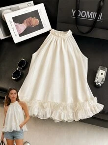 Franclia 大尺碼女款法式星空優雅浪漫休閒蕾絲飾邊掛脖背心上衣，白色夏季婚禮派對正式晚裝 - 杏色 - 查看 9