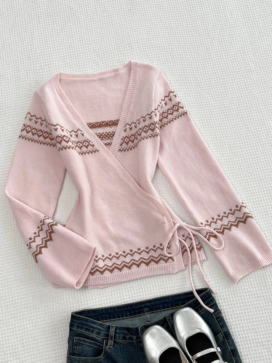 Elamini Cardigan Wanita Leher V dengan Ikatan Depan, Jaket Sweater Motif Fair Isle, Pakaian Luar Modis dan Serbaguna untuk Musim Gugur/Dingin - Berwarna merah muda - View 1