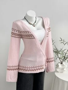 Elamini Cardigan Wanita Leher V dengan Ikatan Depan, Jaket Sweater Motif Fair Isle, Pakaian Luar Modis dan Serbaguna untuk Musim Gugur/Dingin - Berwarna merah muda - View 3
