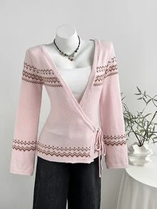 Elamini Cardigan Wanita Leher V dengan Ikatan Depan, Jaket Sweater Motif Fair Isle, Pakaian Luar Modis dan Serbaguna untuk Musim Gugur/Dingin - Berwarna merah muda - View 7