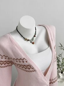 Elamini Cardigan Wanita Leher V dengan Ikatan Depan, Jaket Sweater Motif Fair Isle, Pakaian Luar Modis dan Serbaguna untuk Musim Gugur/Dingin - Berwarna merah muda - View 4