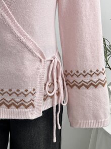Elamini Cardigan Wanita Leher V dengan Ikatan Depan, Jaket Sweater Motif Fair Isle, Pakaian Luar Modis dan Serbaguna untuk Musim Gugur/Dingin - Berwarna merah muda - View 5