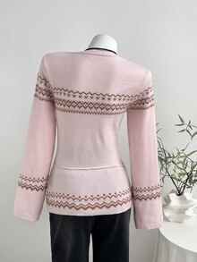 Elamini Cardigan Wanita Leher V dengan Ikatan Depan, Jaket Sweater Motif Fair Isle, Pakaian Luar Modis dan Serbaguna untuk Musim Gugur/Dingin - Berwarna merah muda - View 2