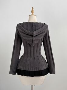 Elamini Solid Color Vintage Cable Knit Hooded Cardigan, Sweet Pom Pom Tie Bow Pocket Open Front Sweater, Retro Preppy Style, Y2K Outfit - Dark Grey - View 2