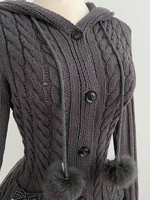 Elamini Solid Color Vintage Cable Knit Hooded Cardigan, Sweet Pom Pom Tie Bow Pocket Open Front Sweater, Retro Preppy Style, Y2K Outfit - Dark Grey - View 5