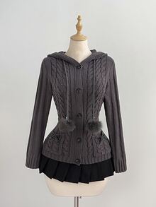 Elamini Solid Color Vintage Cable Knit Hooded Cardigan, Sweet Pom Pom Tie Bow Pocket Open Front Sweater, Retro Preppy Style, Y2K Outfit - Dark Grey - View 7