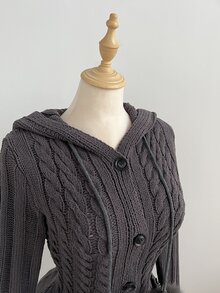 Elamini Solid Color Vintage Cable Knit Hooded Cardigan, Sweet Pom Pom Tie Bow Pocket Open Front Sweater, Retro Preppy Style, Y2K Outfit - Dark Grey - View 4