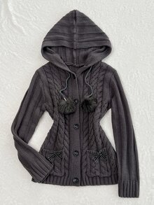 Elamini Solid Color Vintage Cable Knit Hooded Cardigan, Sweet Pom Pom Tie Bow Pocket Open Front Sweater, Retro Preppy Style, Y2K Outfit - Dark Grey - View 1