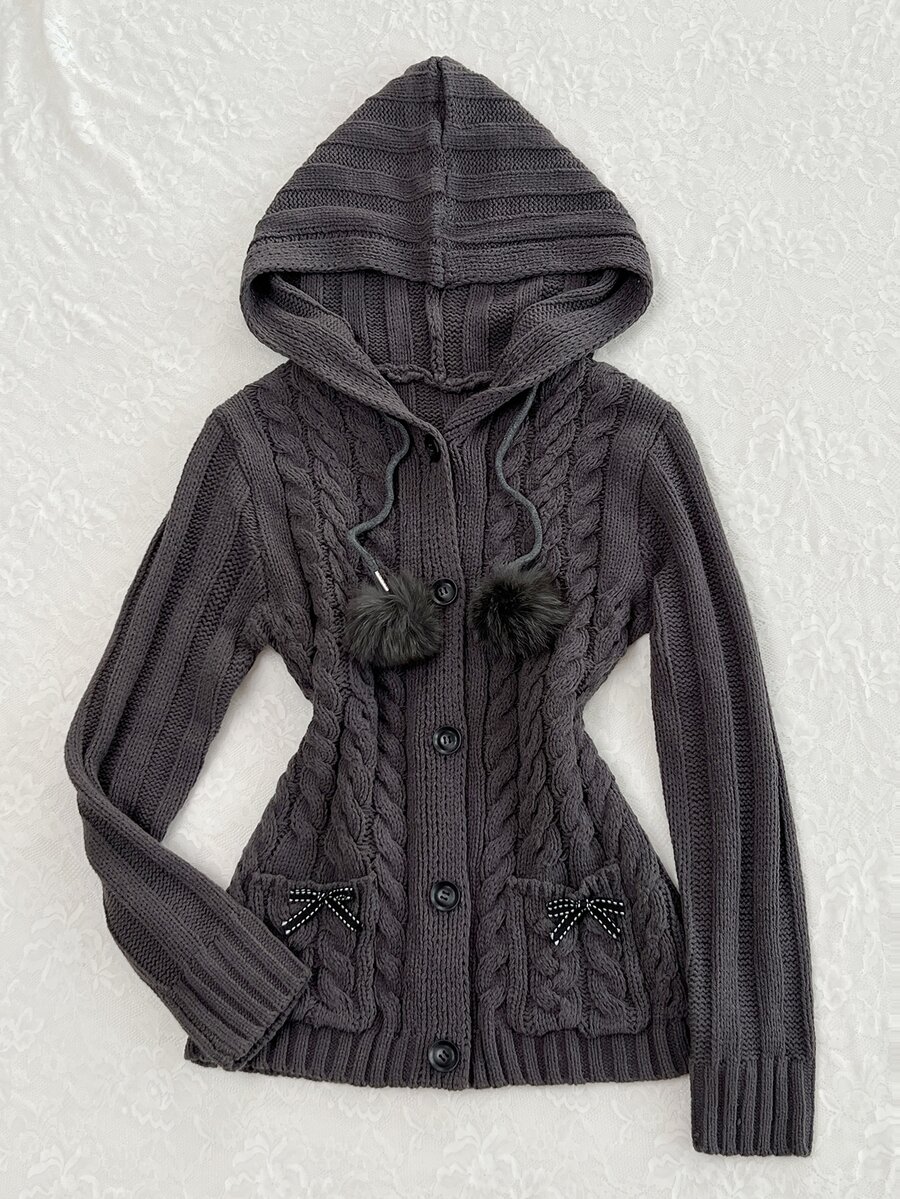 Elamini Solid Color Vintage Cable Knit Hooded Cardigan, Sweet Pom Pom Tie Bow Pocket Open Front Sweater, Retro Preppy Style, Y2K Outfit - Dark Grey - View 1