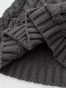 Elamini Solid Color Vintage Cable Knit Hooded Cardigan, Sweet Pom Pom Tie Bow Pocket Open Front Sweater, Retro Preppy Style, Y2K Outfit - Dark Grey - View 6