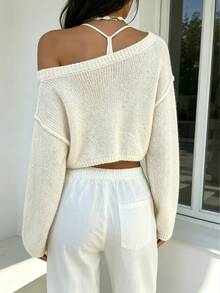 Autumina Off-White 女款不對稱單肩性感街頭風時尚通勤日常都市摩登魅力寬鬆休閒針織短版上衣 秋季 - 白色 - 查看 2