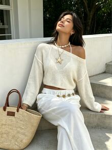 Autumina Off-White 女款不對稱單肩性感街頭風時尚通勤日常都市摩登魅力寬鬆休閒針織短版上衣 秋季 - 白色 - 查看 3