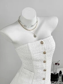 Elamini Women's Solid Color Single-Breasted Bandeau Top & Mini Skirt 2 Pieces Set - White - View 6
