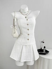 Elamini Women's Solid Color Single-Breasted Bandeau Top & Mini Skirt 2 Pieces Set - White - View 4