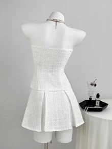 Elamini Women's Solid Color Single-Breasted Bandeau Top & Mini Skirt 2 Pieces Set - White - View 2