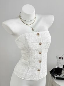 Elamini Women's Solid Color Single-Breasted Bandeau Top & Mini Skirt 2 Pieces Set - White - View 8