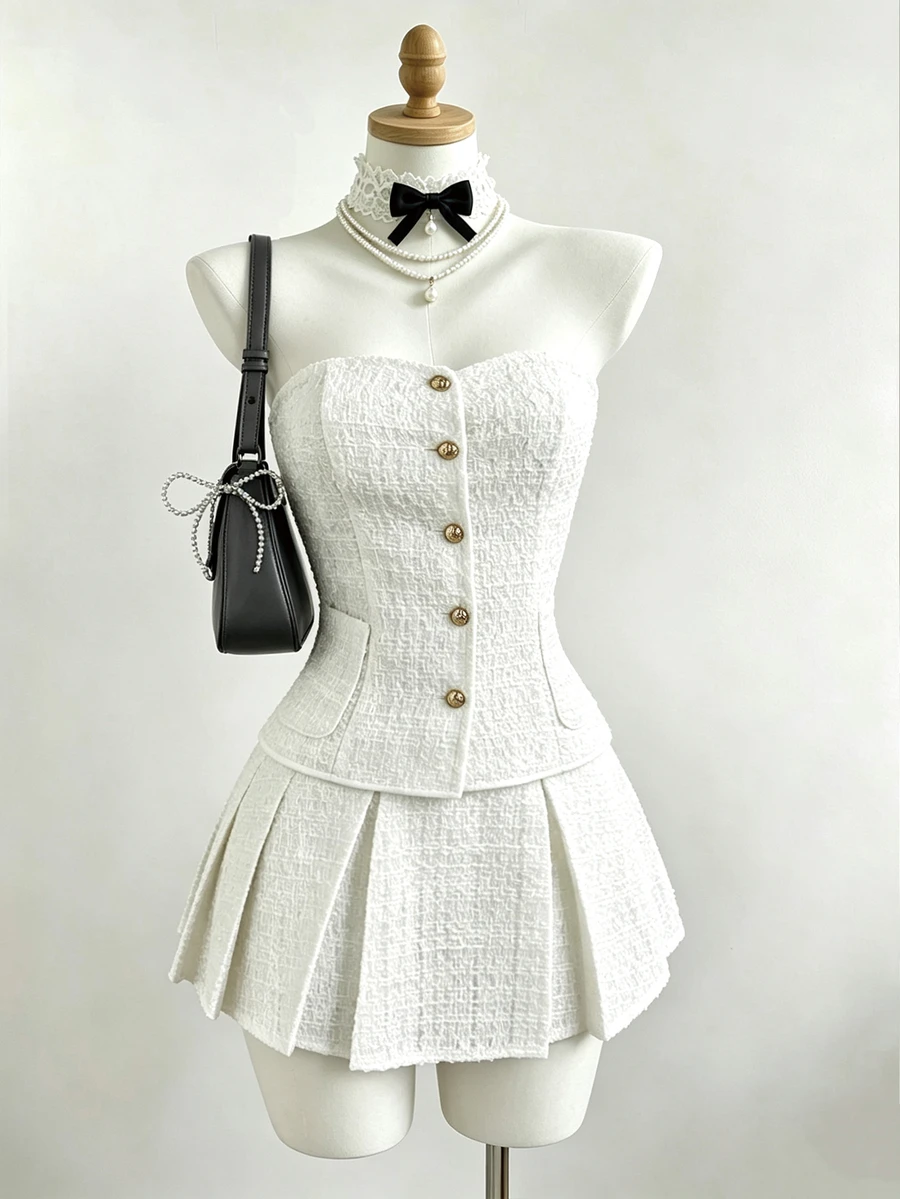 Elamini Women's Solid Color Single-Breasted Bandeau Top & Mini Skirt 2 Pieces Set - White - View 1