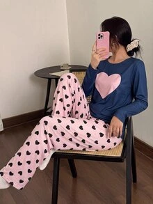 Dream Adore 女款愛心印花長袖上衣與長褲睡衣套裝 - 彩色 - 查看 6