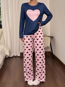 Dream Adore 女款愛心印花長袖上衣與長褲睡衣套裝 - 彩色 - 查看 4