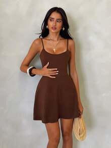 SHEIN Glamour Women Backless Adjustable Spaghetti Strap Athletic Tennis Dress Built‑In Shorts Flared Skirt Fall Workout Golf Activewear Mini Dress - Coffee Brown - View 4