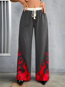 SHEIN ICON 女士y2k灰色系繩子腰帶火焰印花運動長褲 - 彩色 - 查看 3