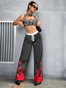 SHEIN ICON 女士y2k灰色系繩子腰帶火焰印花運動長褲 - 彩色 - 查看 5