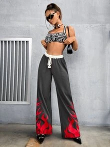 SHEIN ICON 女士y2k灰色系繩子腰帶火焰印花運動長褲 - 彩色 - 查看 9
