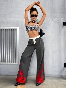SHEIN ICON 女士y2k灰色系繩子腰帶火焰印花運動長褲 - 彩色 - 查看 4