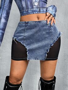 SHEIN ICON Women's Y2k Denim Effect Contrast Mesh Mini Skirt - Multicolor - View 9