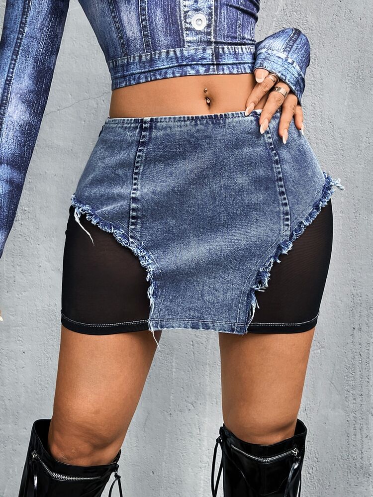 SHEIN ICON Women's Y2k Denim Effect Contrast Mesh Mini Skirt - Multicolor - View 9