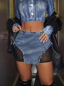 SHEIN ICON Women's Y2k Denim Effect Contrast Mesh Mini Skirt - Multicolor - View 1