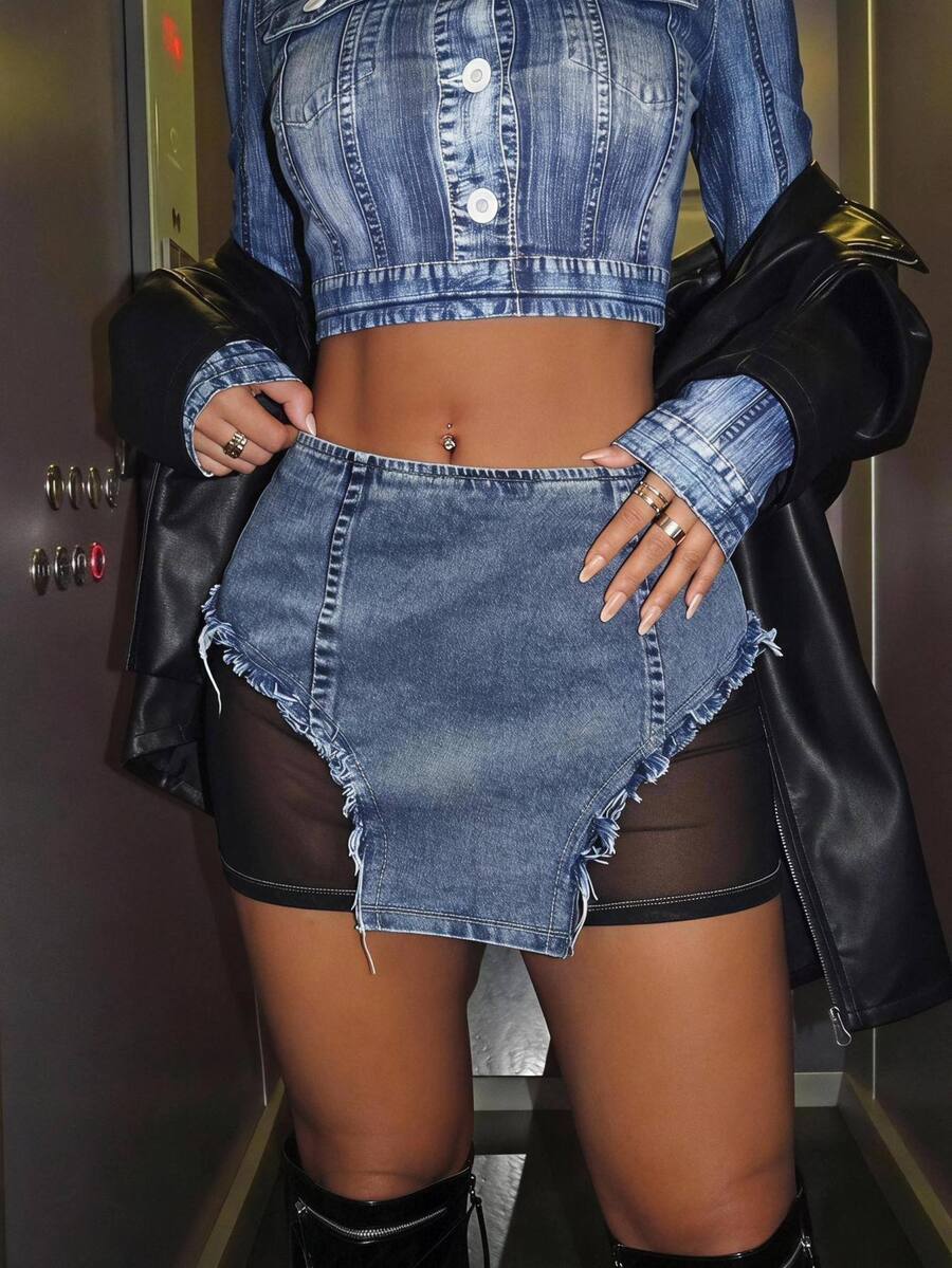 SHEIN ICON Women's Y2k Denim Effect Contrast Mesh Mini Skirt - Multicolor - View 1