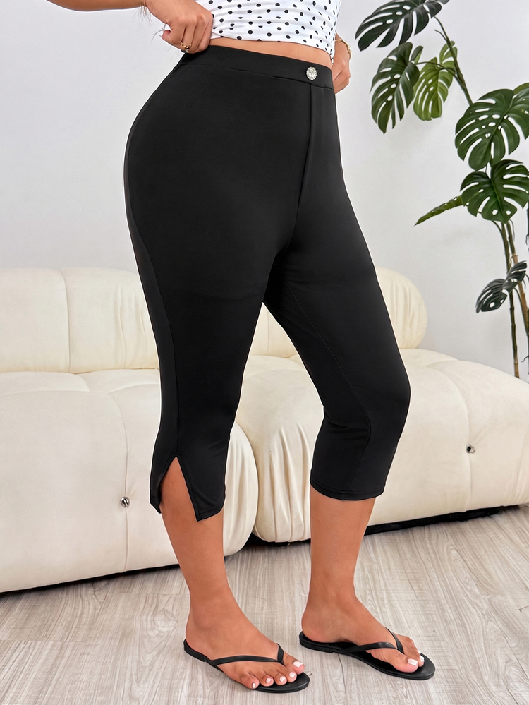 Solflare Plus Size Women Solid Color High Waist Casual Cropped Leggings Office Black Summer - Black - View 5