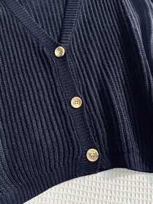 Comfortcana 大码海军蓝 V 领纽扣前长袖套头毛衣 - 藏蓝色 - 查看 6