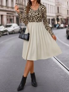 SHEIN Clasi Gaun Midi Patchwork Motif Leopard Wanita Musim Gugur/Musim Dingin 2026 - MultiWarna - View 7