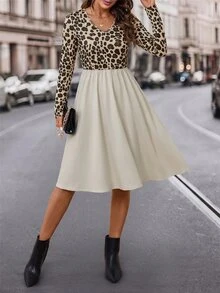SHEIN Clasi Gaun Midi Patchwork Motif Leopard Wanita Musim Gugur/Musim Dingin 2026 - MultiWarna - View 5