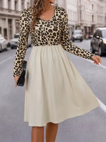 SHEIN Clasi Gaun Midi Patchwork Motif Leopard Wanita Musim Gugur/Musim Dingin 2026 - MultiWarna - View 1