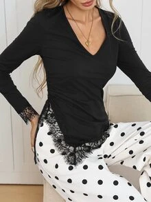 SHEIN Clasi Women's Solid Color V-Neck Contrast Lace Pleated T-Shirt - Black - View 7