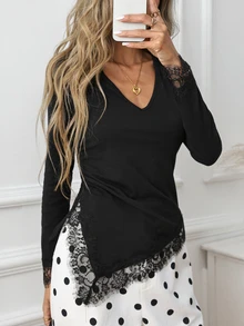 SHEIN Clasi Women's Solid Color V-Neck Contrast Lace Pleated T-Shirt - Black - View 4
