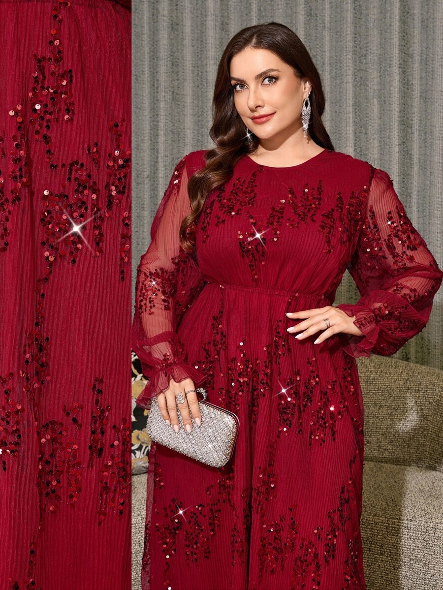 Reflora Plus Size Women Solid Color Sequin Round Neck Long Sleeve Elegant Dress Fall