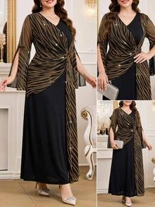 SHEIN Clasi Plus Striped Print Split Sleeve Dress Fall - Multicolor - View 8