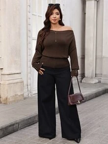 SHEIN Clasi Plus Size Women's Pullover Sweater Autumn Elegant Business Casual Asymmetrical Shoulder Cinched Cinched Waist Metal Button Decor Dates Office Brown - Coffee Brown - View 5