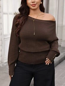 SHEIN Clasi Plus Size Women's Pullover Sweater Autumn Elegant Business Casual Asymmetrical Shoulder Cinched Cinched Waist Metal Button Decor Dates Office Brown - Coffee Brown - View 8