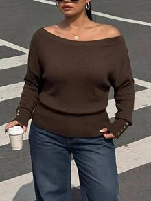 SHEIN Clasi Plus Size Women's Pullover Sweater Autumn Elegant Business Casual Asymmetrical Shoulder Cinched Cinched Waist Metal Button Decor Dates Office Brown - Coffee Brown - View 2