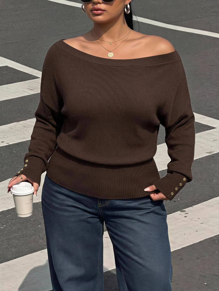 SHEIN Clasi Plus Size Women's Pullover Sweater Autumn Elegant Business Casual Asymmetrical Shoulder Cinched Cinched Waist Metal Button Decor Dates Office Brown