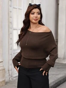 SHEIN Clasi Plus Size Women's Pullover Sweater Autumn Elegant Business Casual Asymmetrical Shoulder Cinched Cinched Waist Metal Button Decor Dates Office Brown - Coffee Brown - View 7