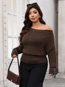 SHEIN Clasi Plus Size Women's Pullover Sweater Autumn Elegant Business Casual Asymmetrical Shoulder Cinched Cinched Waist Metal Button Decor Dates Office Brown - Coffee Brown - View 6