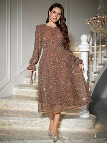 Reflora Plus Size Sequins Flounce Sleeve Flare Hem Dress Fall - Gold - View 1