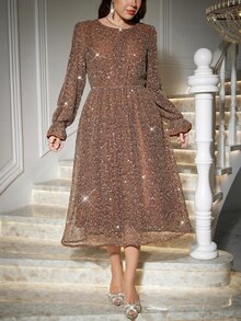 Reflora Plus Size Sequins Flounce Sleeve Flare Hem Dress Fall - Gold - View 4